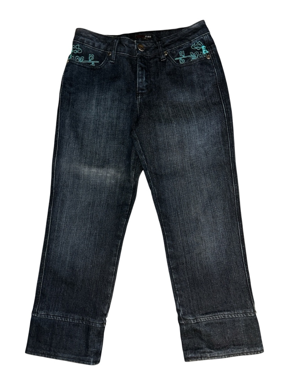 Vtg Georgiou Studio Dark Wash Cropped Jeans with Teal Embroidered Pockets Sz 2